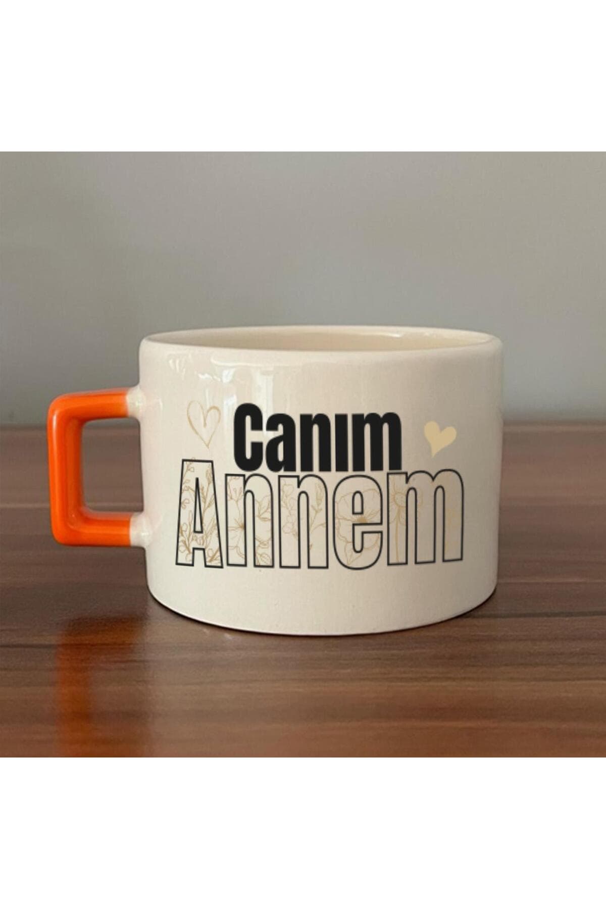 Canım Annem Baskılı Turuncu Kulplu Kare Espresso Fincanı