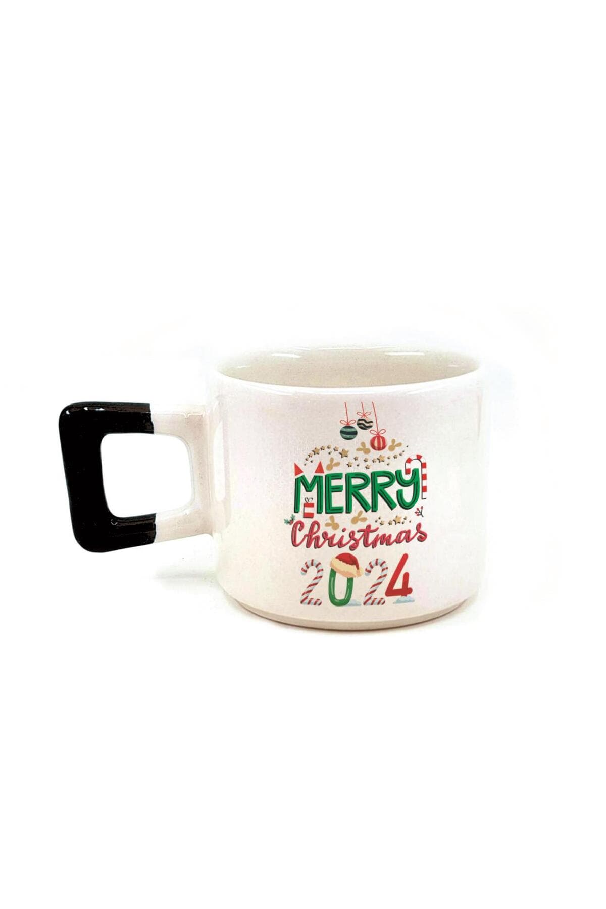 Merry Christmas 2024 Baskılı Siyah Kulplu Kare Yılbaşı Kupası