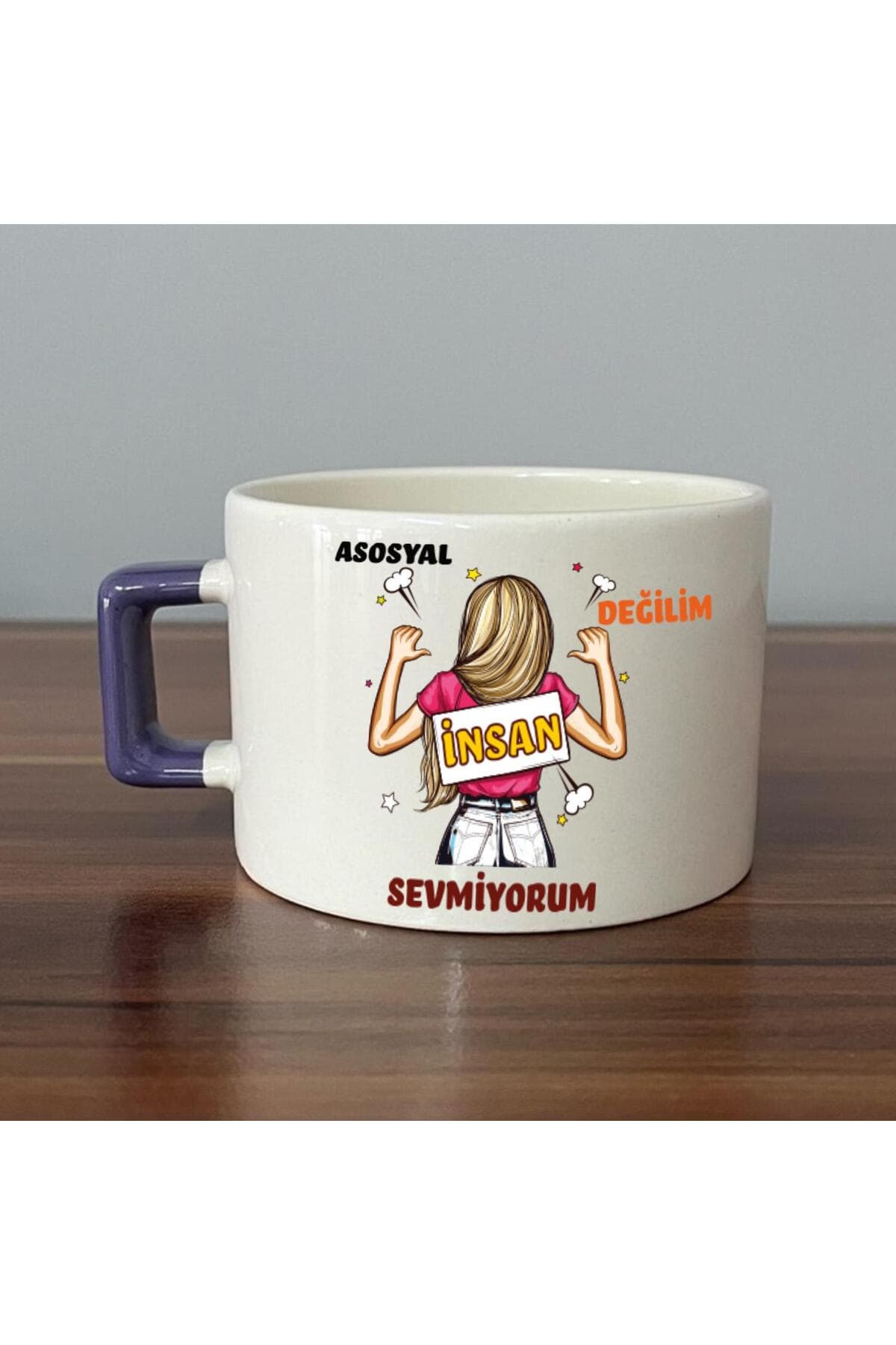 Asosyal Değilim İnsan Sevmiyorum Baskılı Mor Kulplu Kare Espresso Fincanı