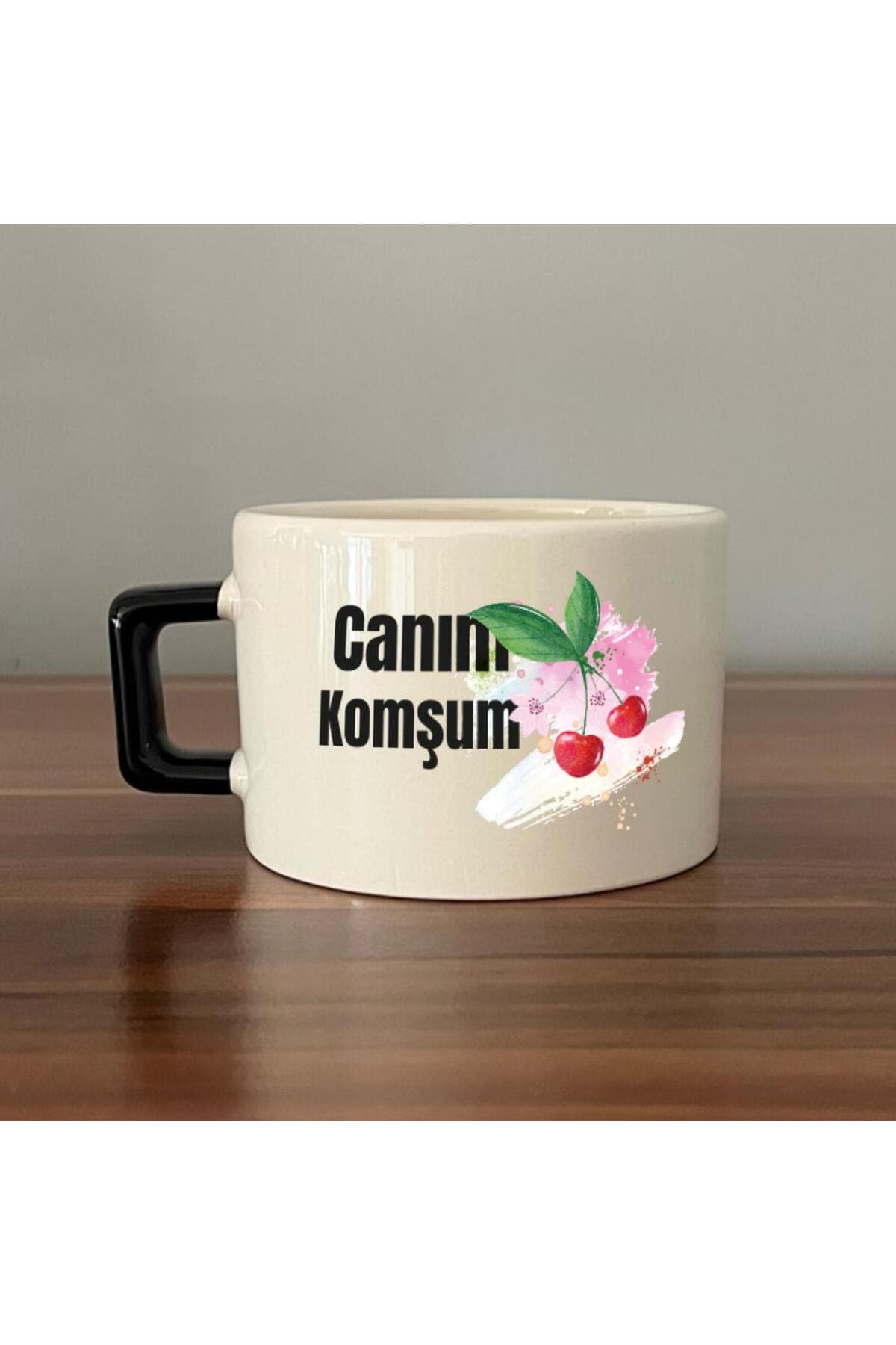 Canım Komşum Baskılı Siyah Kulplu Kare Espresso Fincanı
