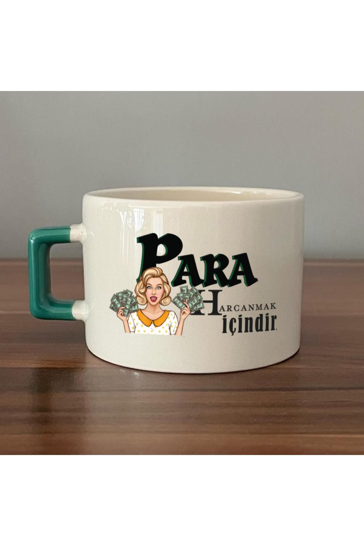 Para Harcamak Içindir Baskılı Yeşil Kulplu Kare Espresso Fincanı
