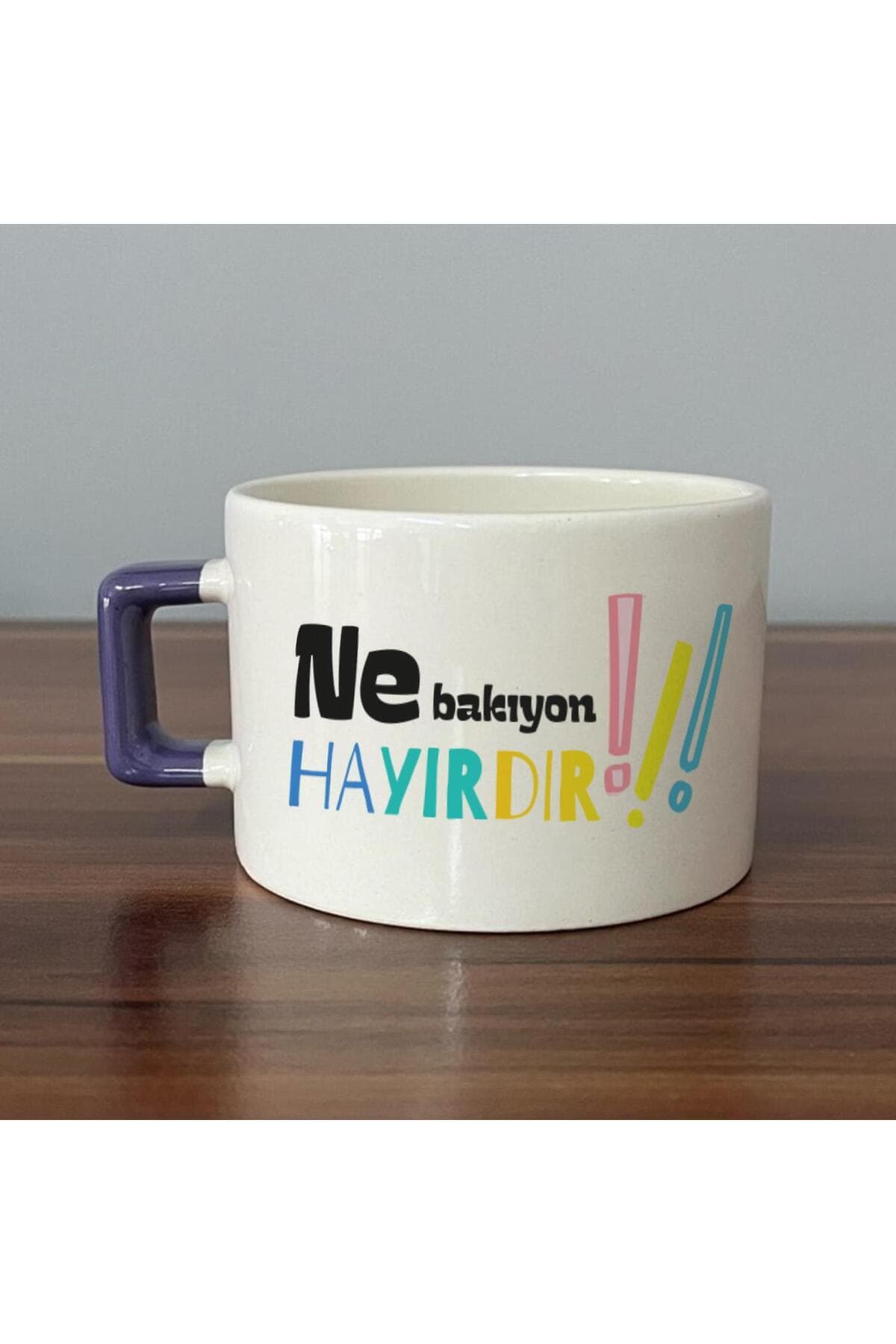 Ne Bakıyon Hayırdır Baskılı Mor Kulplu Kare Espresso Fincanı