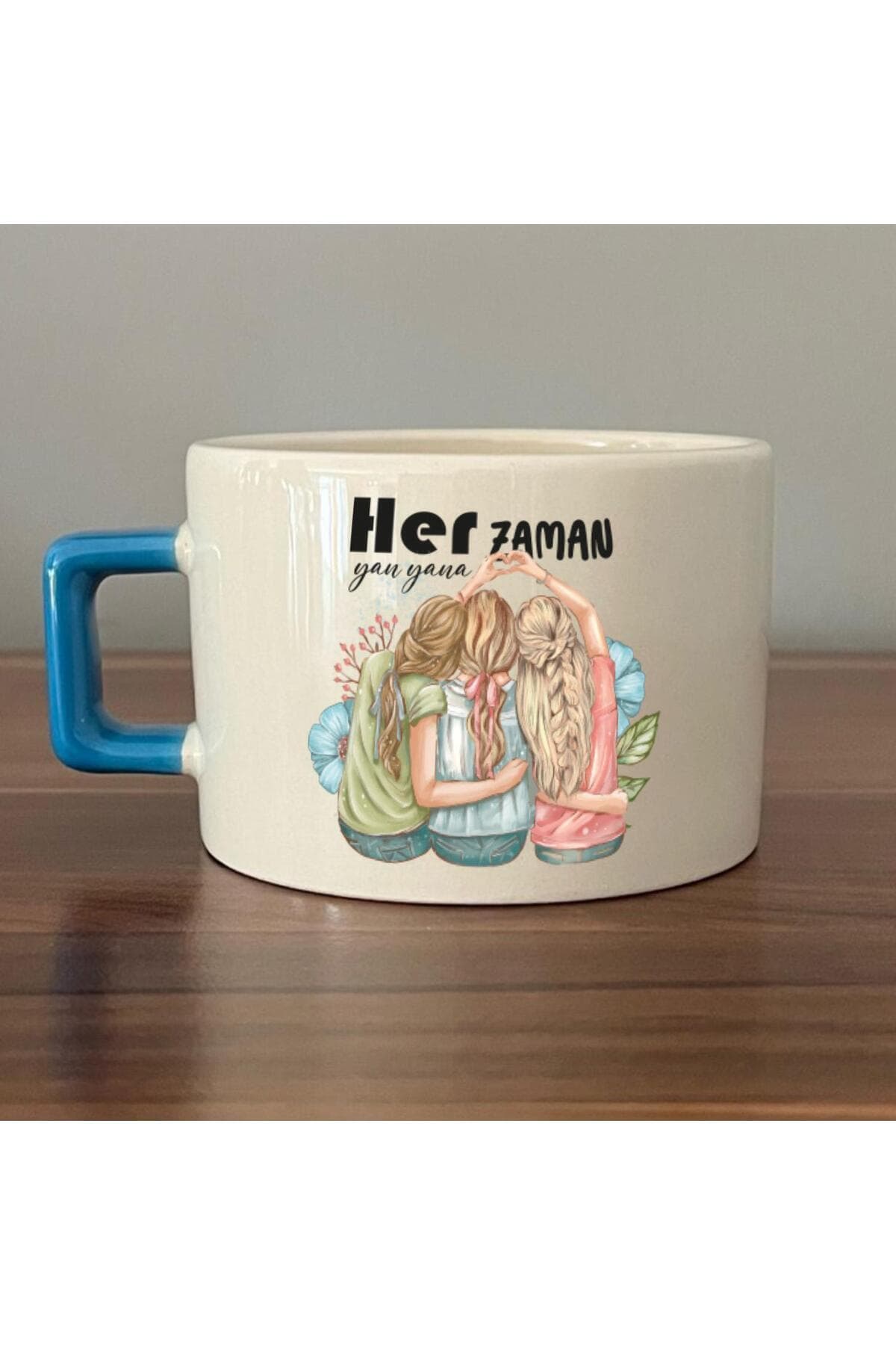 Her Zaman Yanyana Baskılı Mavi Kulplu Kare Espresso Fincanı