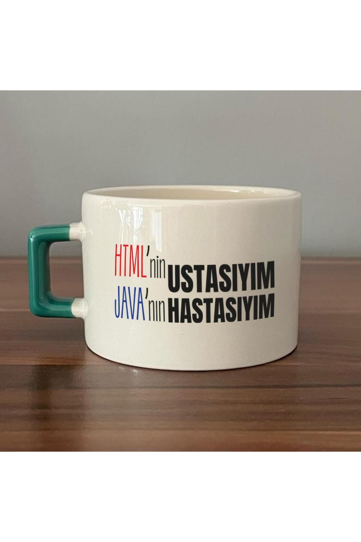 HTML'ni Ustasıyım JAVA'nın Hastasıyım Baskılı Yeşil Kulplu Kare Espresso Fincanı