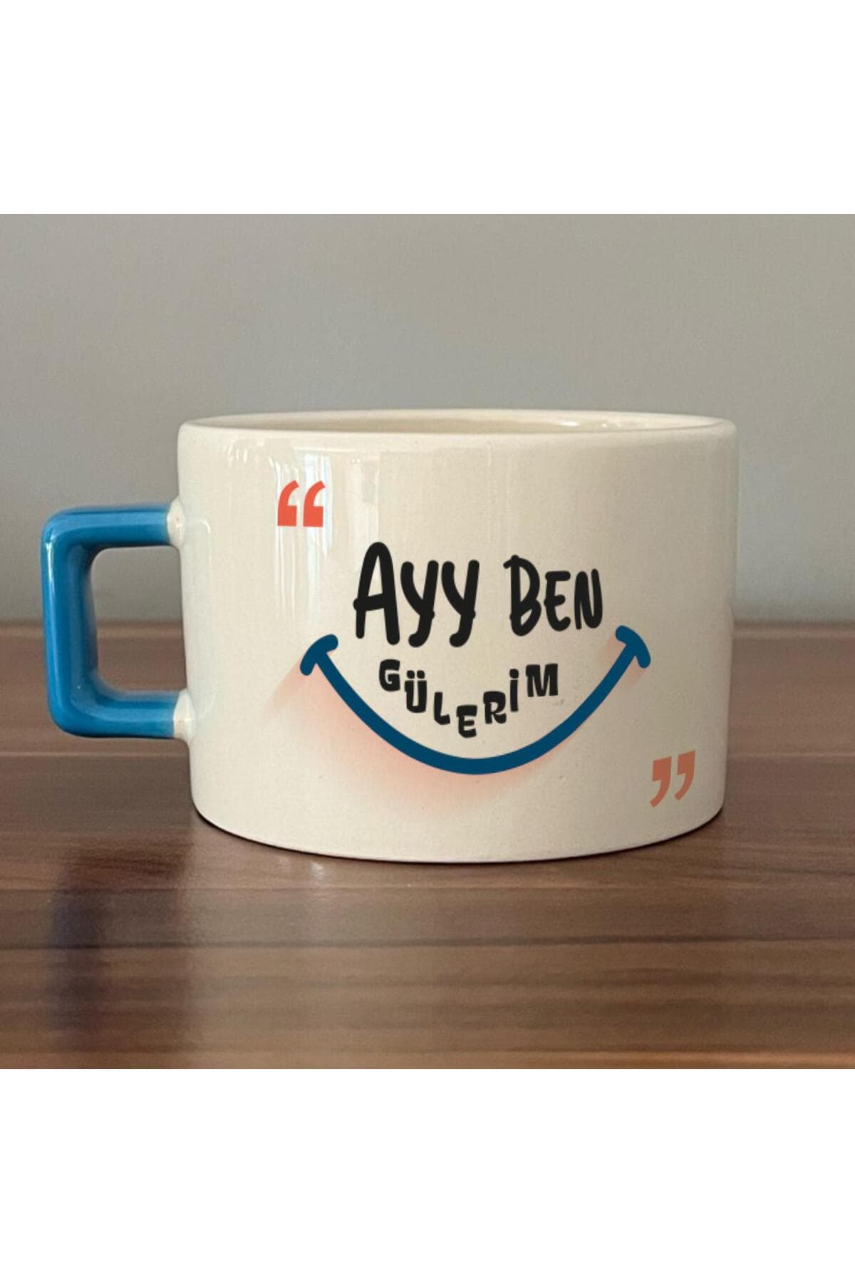 Ayy Ben Gülerim Baskılı Mavi Kulplu Kare Espresso Fincanı