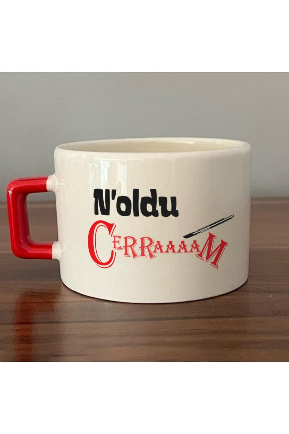 Noldu Cerraaaam Baskılı Kırmızı Kulplu Kare Espresso Fincanı