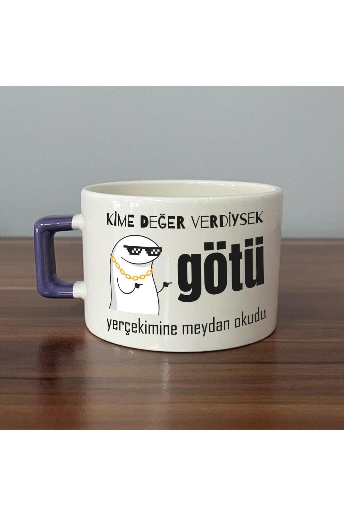 Kime Değer Verdiysek Götü Yerçekimine Meydan Okudu Baskılı Mor Kulplu Kare Espresso Fincanı
