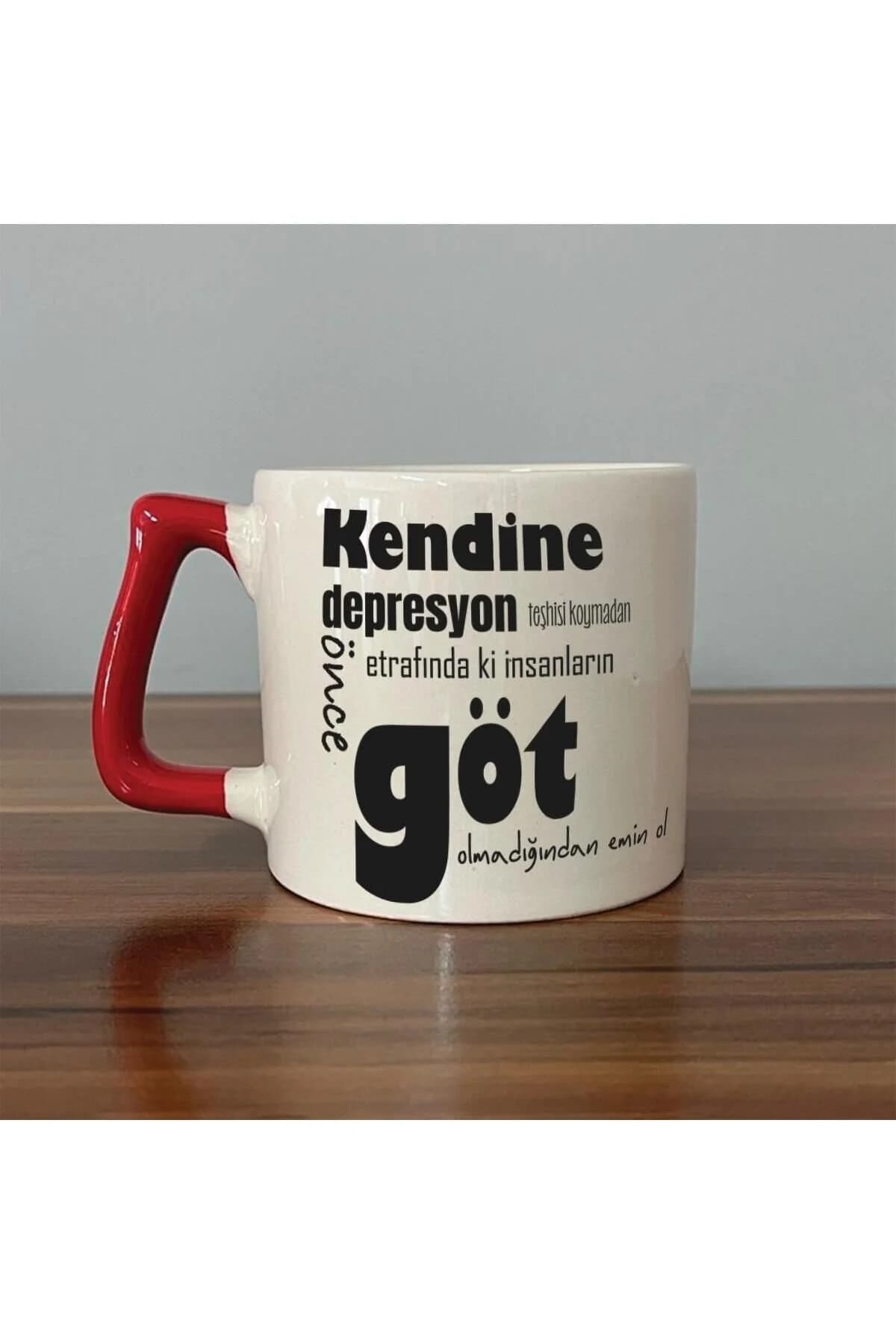 Kendine Teşhisi Koymadan Önce Baskılı Kırmızı Kulplu Kalp Kupa