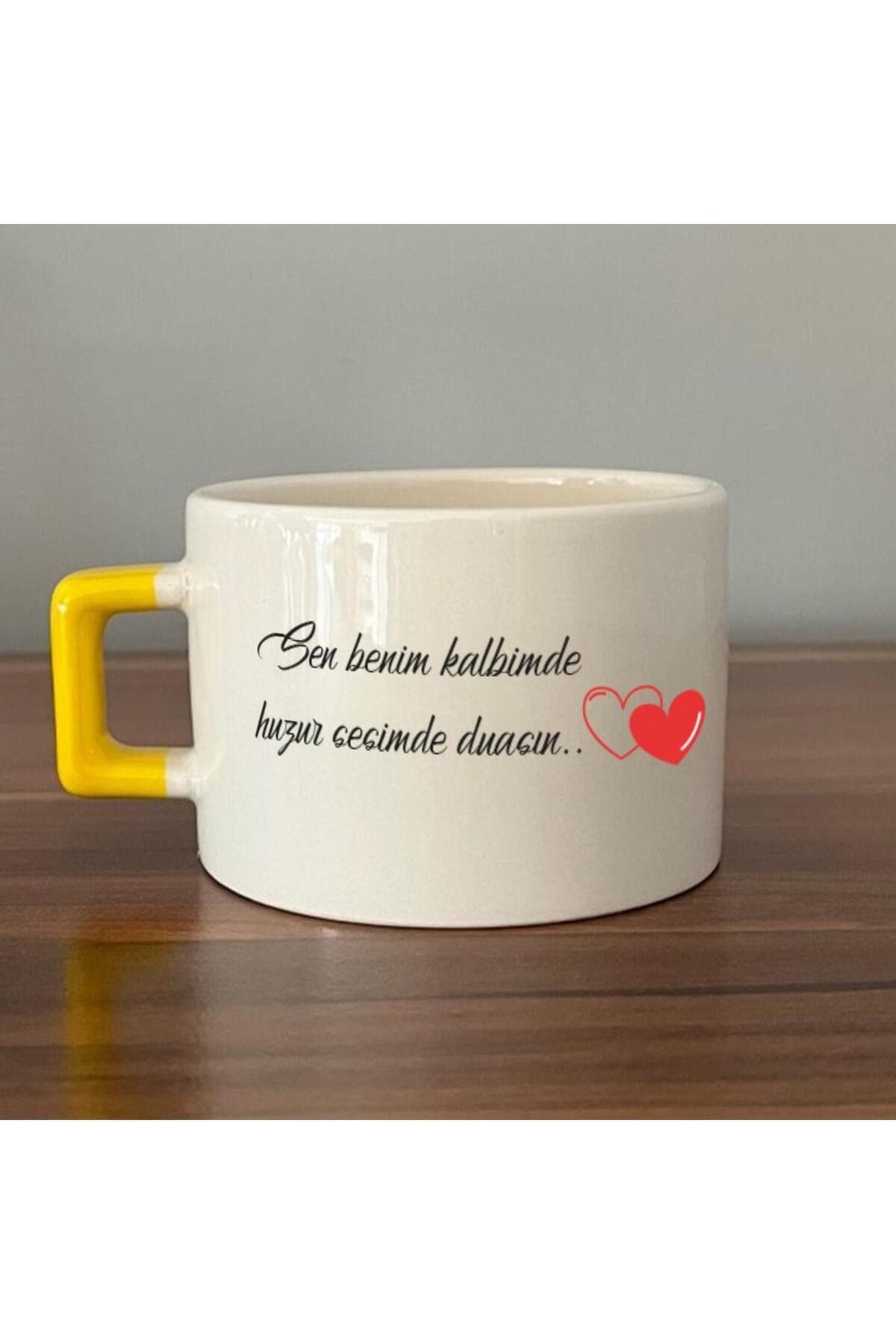 Sen Benim Kalbimde Huzur Baskılı Sarı Kulplu Kare Espresso Fincanı