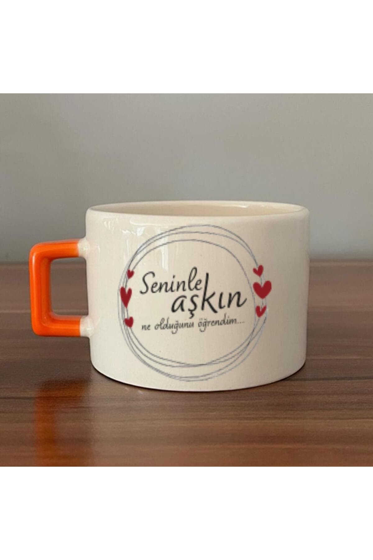 Seninle Aşkın Ne Olduğunu Öğrendim Baskılı Turuncu Kulplu Kare Espresso Fincanı