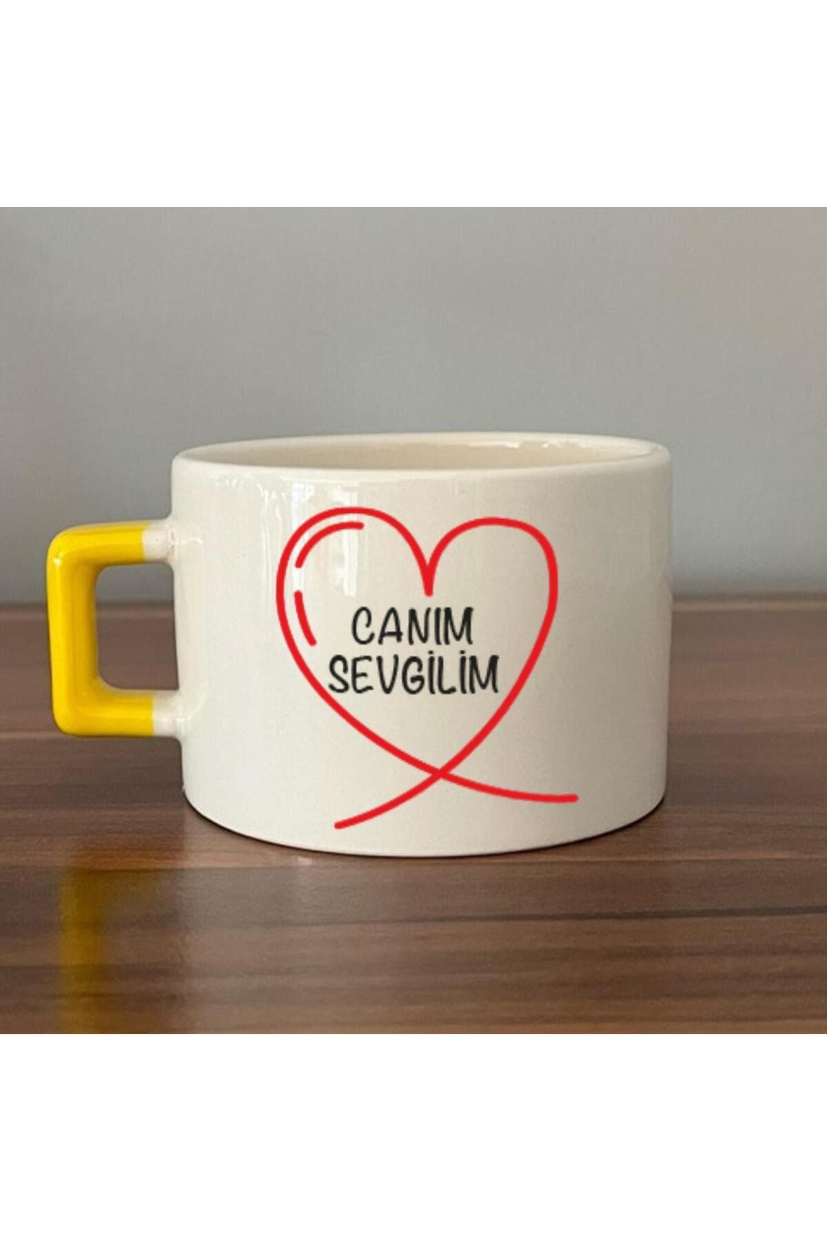 Canım Sevgilim Baskılı Sarı Kulplu Kare Espresso Fincanı