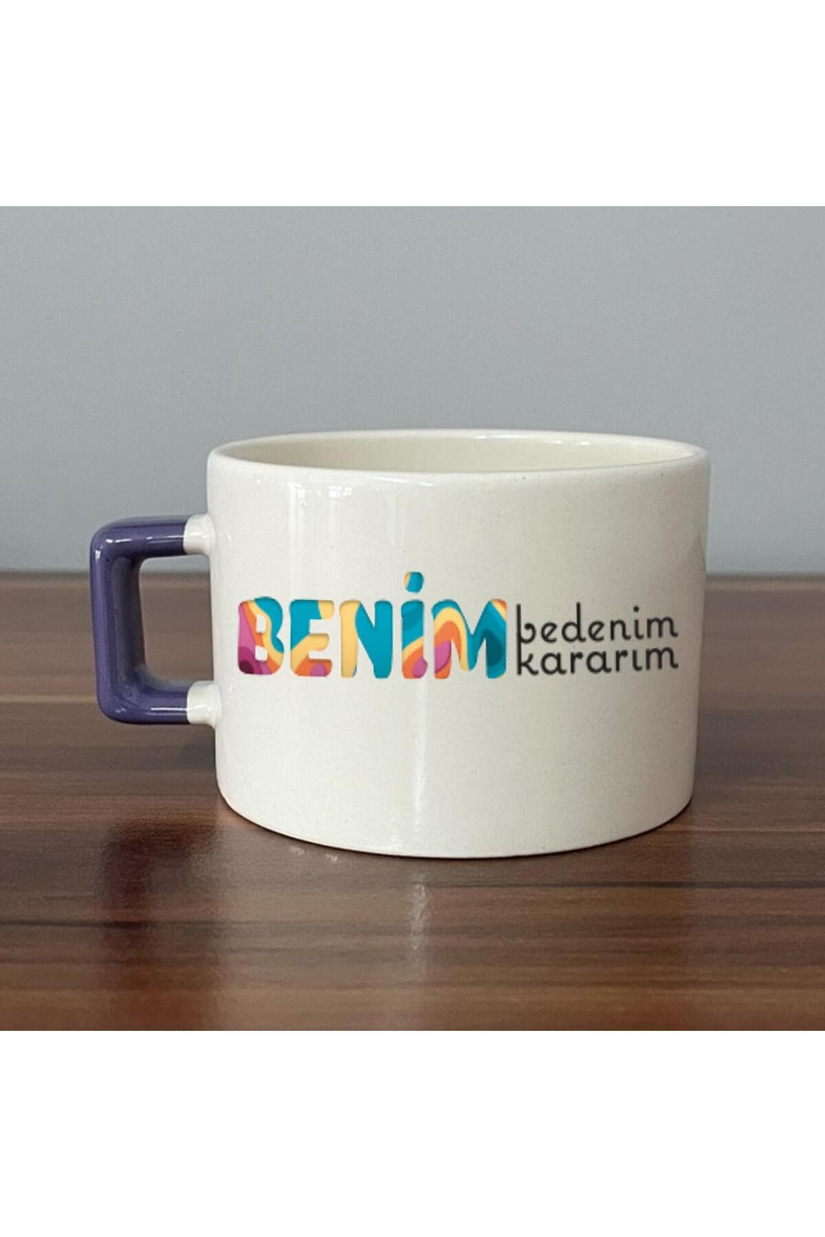 Benim Bedenim, Benim Kararım Baskılı Kadınlar Günü Mor Kulplu Kare Espresso Fincanı