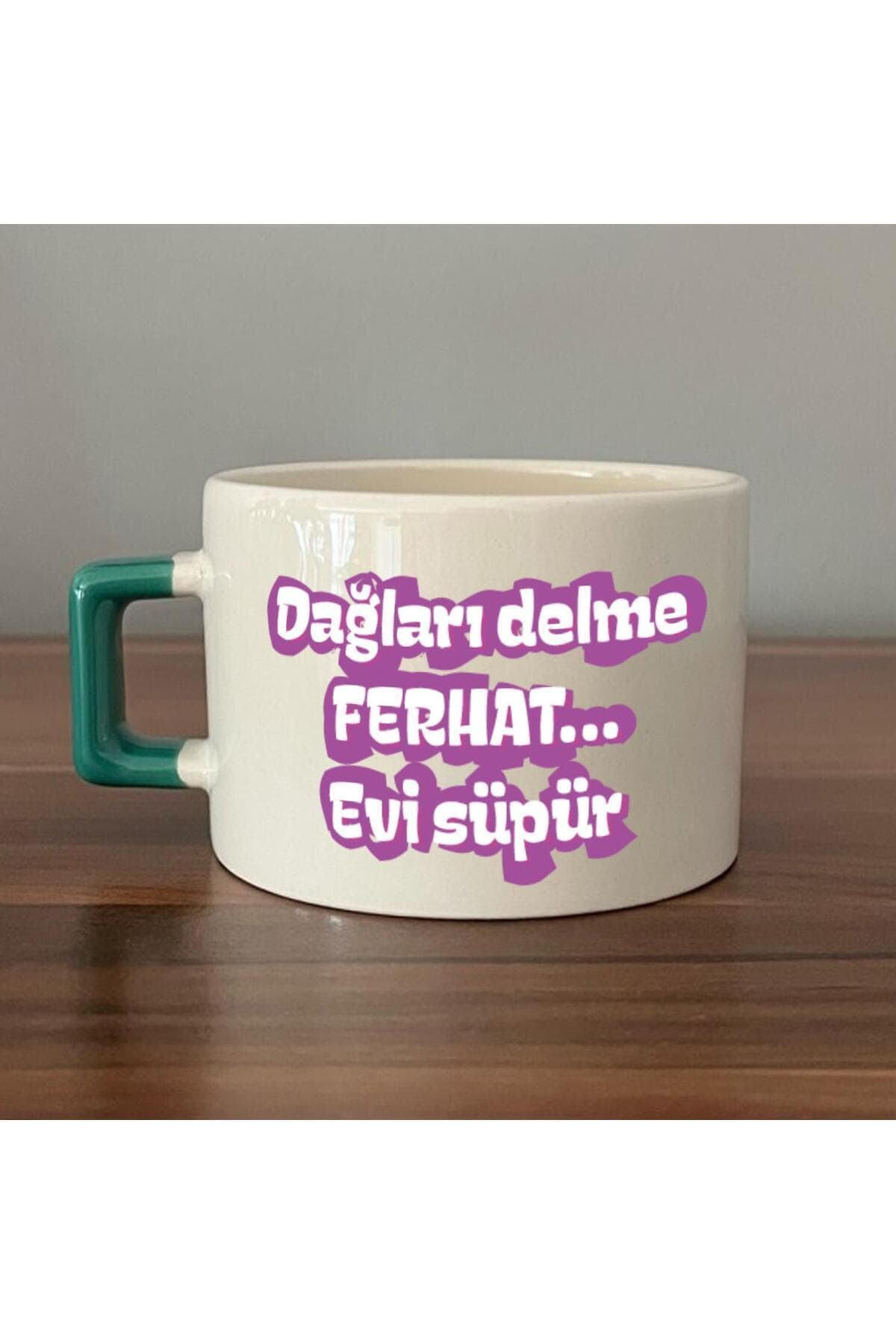 Dağları Delme Ferhat Evi Süpür Baskılı Kadınlar Günü Yeşil Kulplu Kare Espresso Fincanı