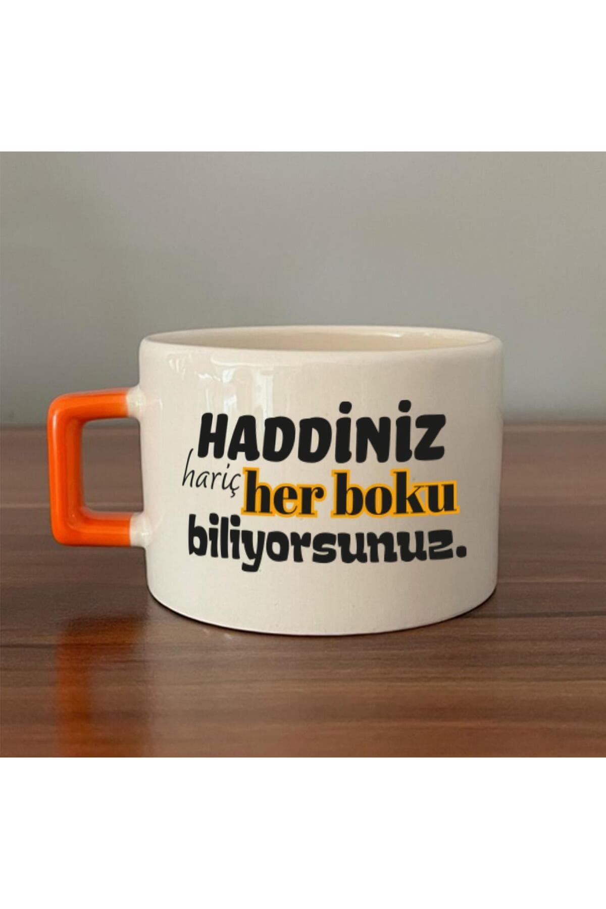 Haddiniz Hariç Her Boku Biliyorsunuz Baskılı Turuncu Kulplu Kare Espresso Fincanı