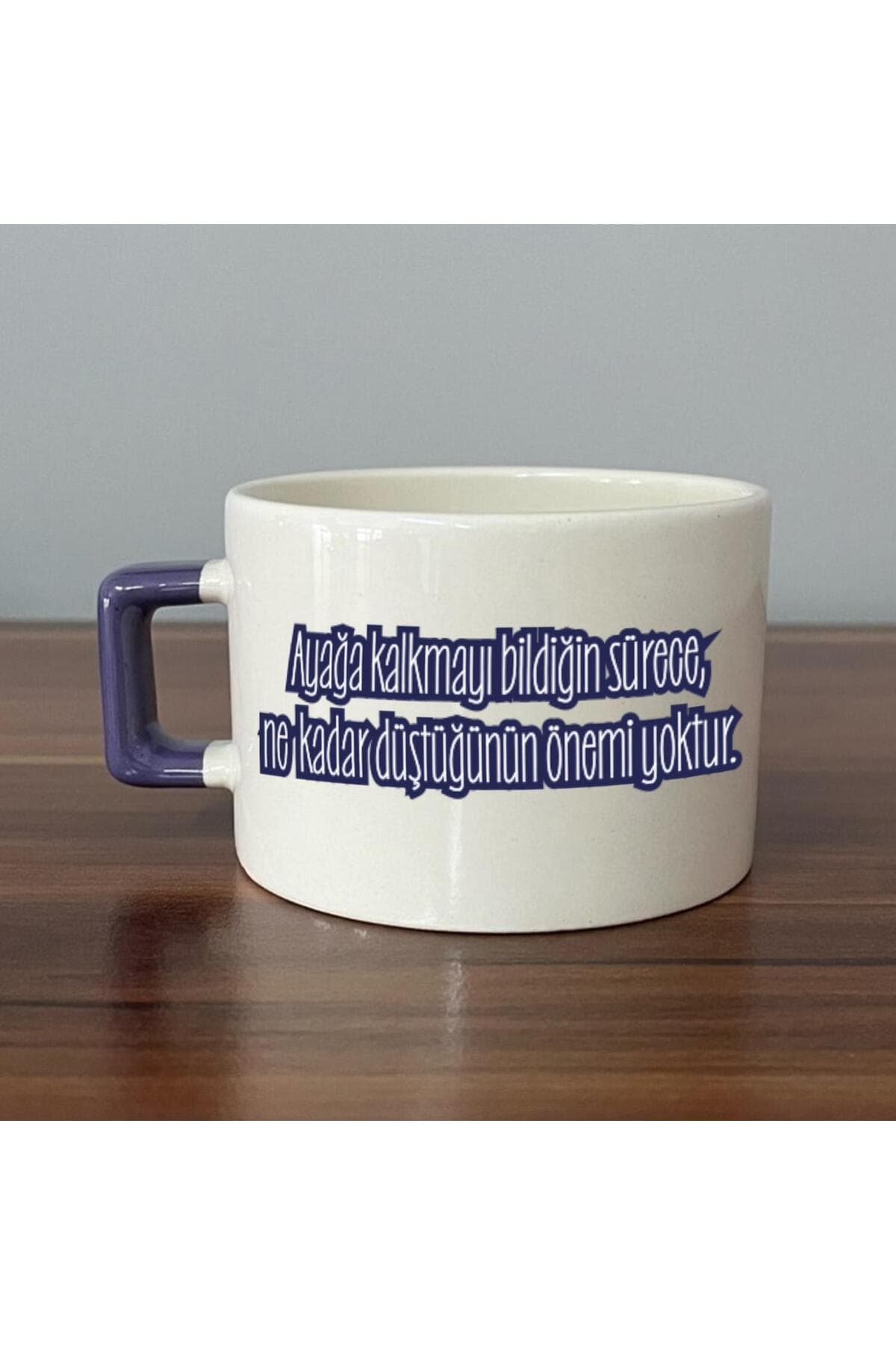 Ayağa Kalkmayı Bildiğin Sürece Renksiz Baskılı Mor Kulplu Kare Espresso Fincanı