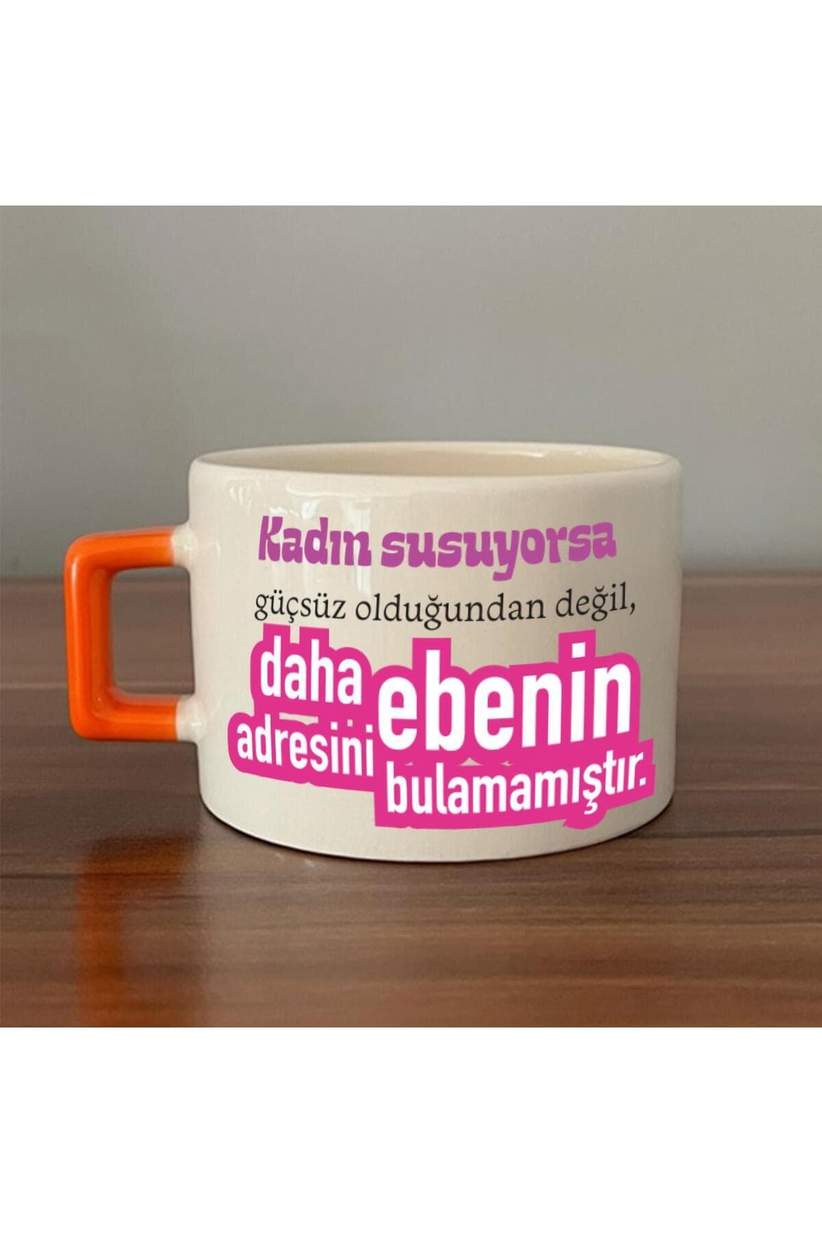 Kadın Susuyorsa Baskılı Kadınlar Günü Turuncu Kulplu Kare Espresso Fincanı