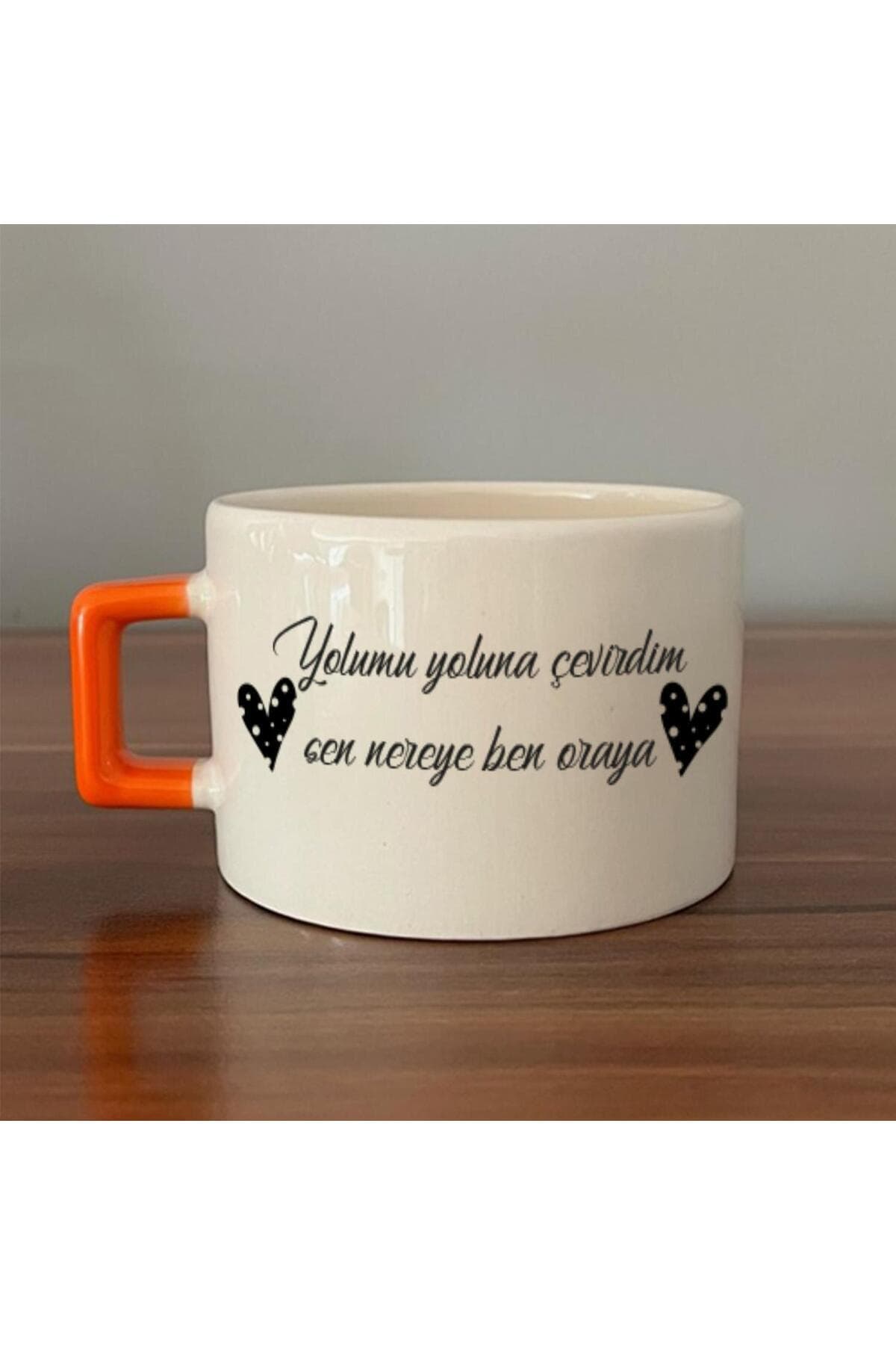 Yolumu Yoluna Çevirdim Baskılı Turuncu Kulplu Kare Espresso Fincanı