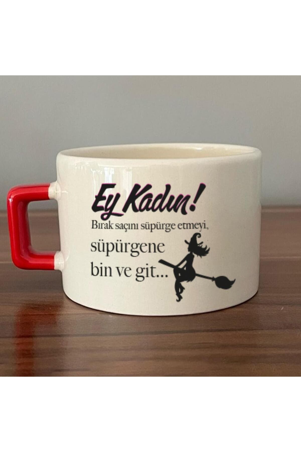 Ey Kadın! Baskılı Kadınlar Günü Kırmızı Kulplu Kare Espresso Fincanı