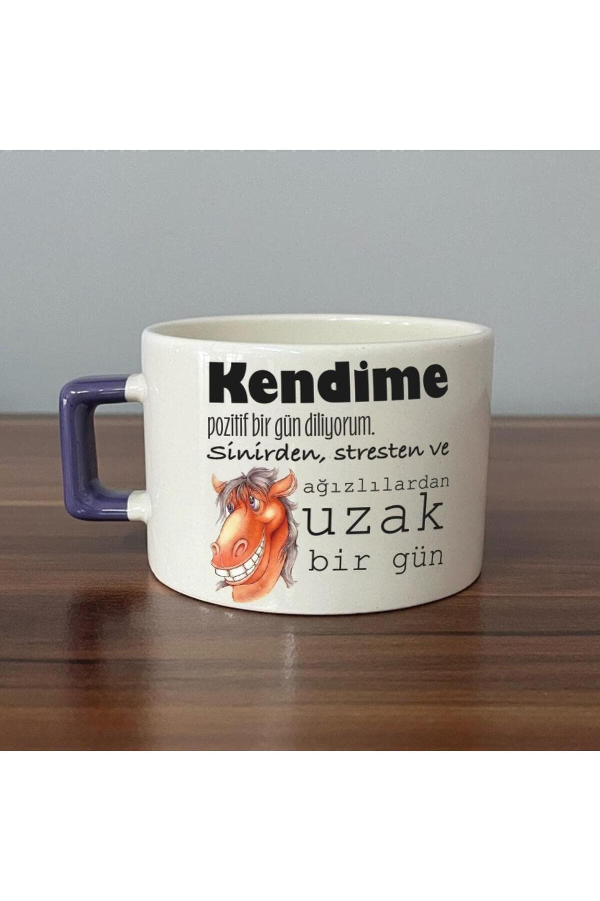 Kendime Pozitif Bir Gün Diliyorum Baskılı Mor Kulplu Kare Espresso Fincanı