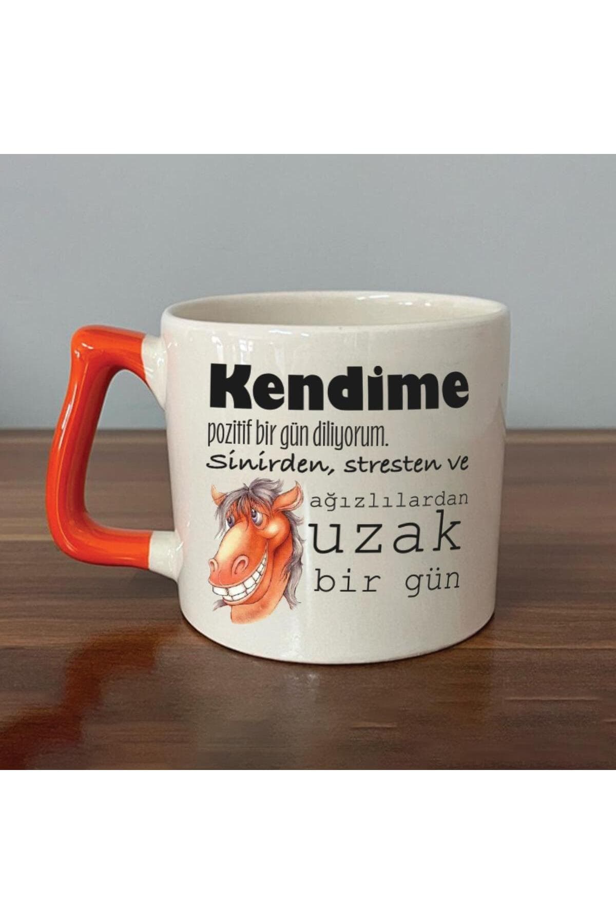 Kendime Pozitif Bir Gün Diliyorum Baskılı Turuncu Kulplu Prime Kupa