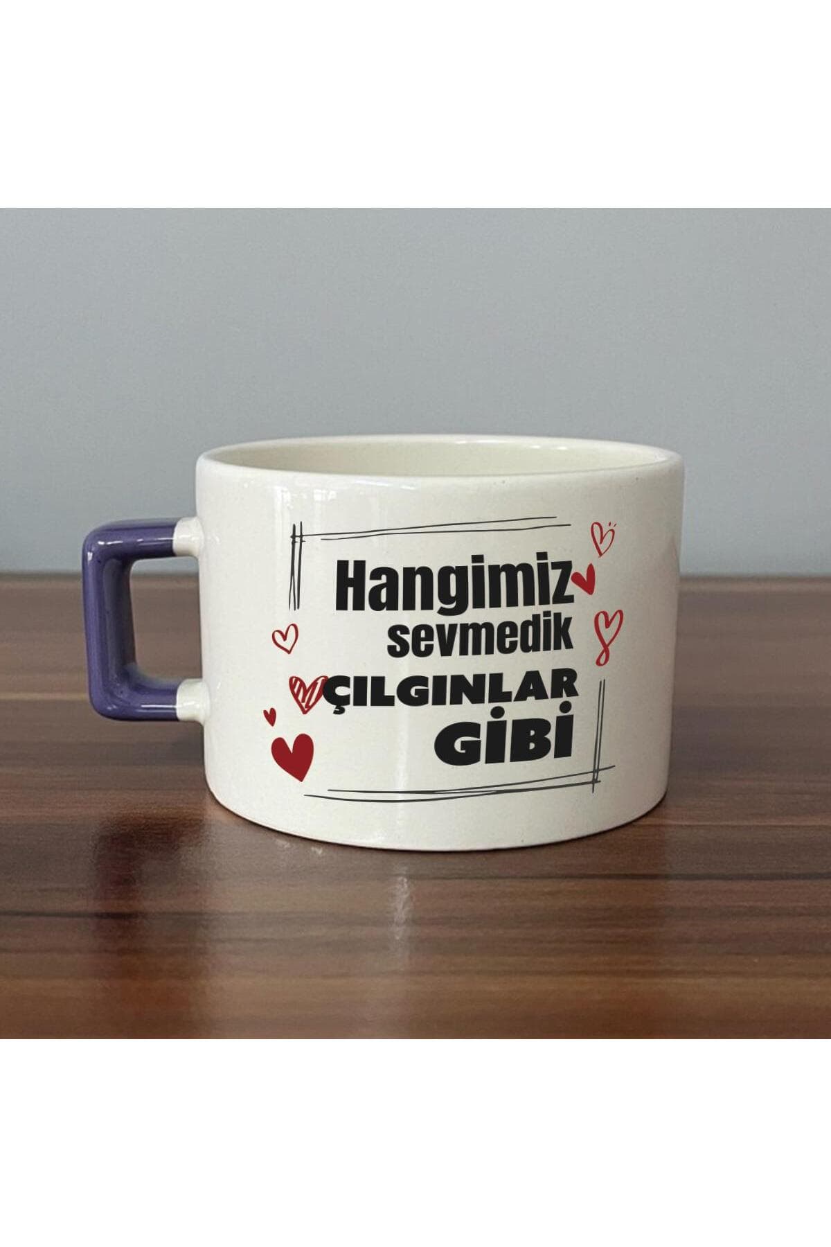 Hangimiz Sevmedik Çılgınlar Gibi Baskılı Mor Kulplu Kare Espresso Fincanı