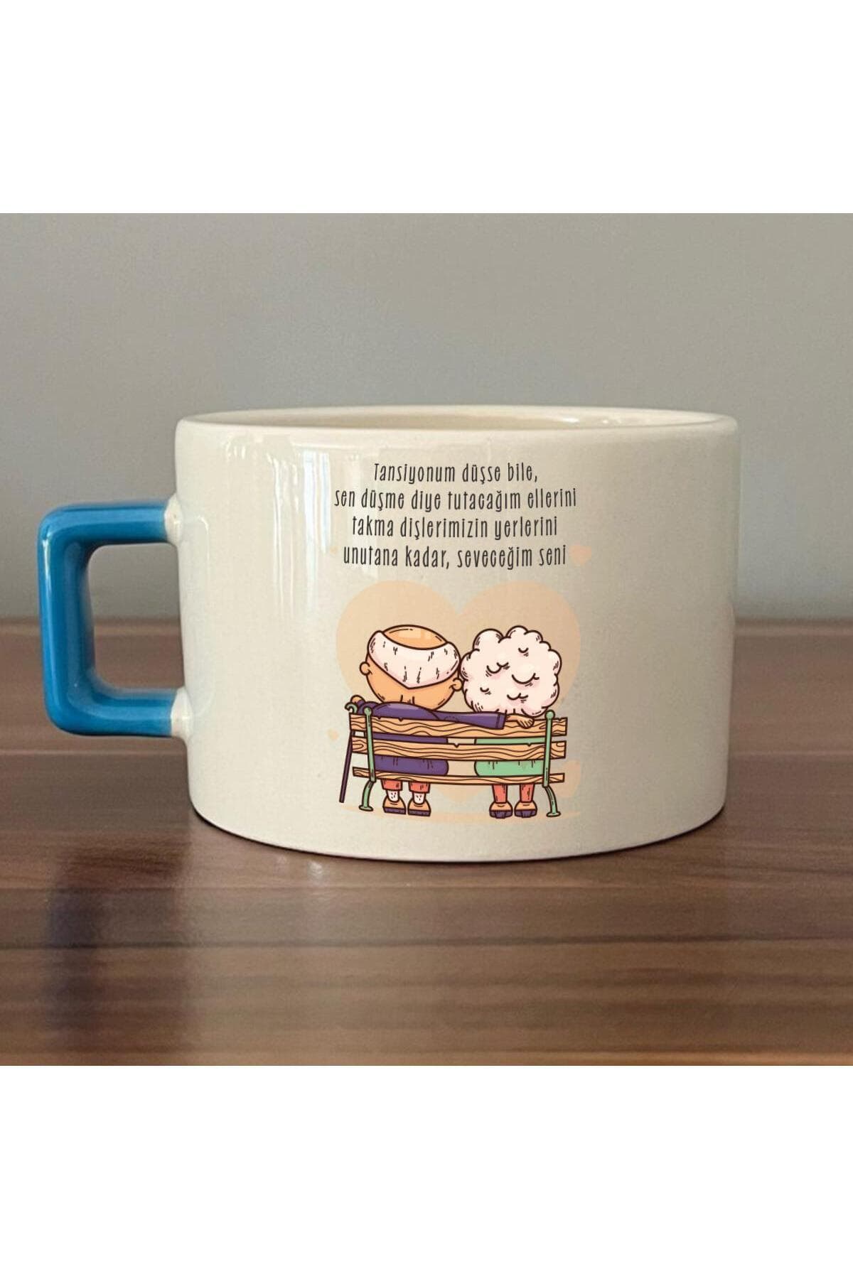 Tansiyonum Düşse Bile Baskılı Mavi Kulplu Kare Espresso Fincanı