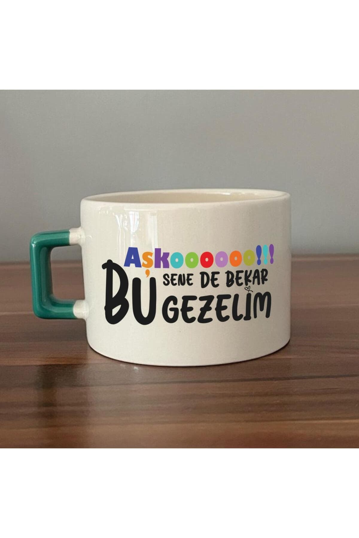 Aşkoooooo Baskılı Yeşil Kulplu Kare Espresso Fincanı